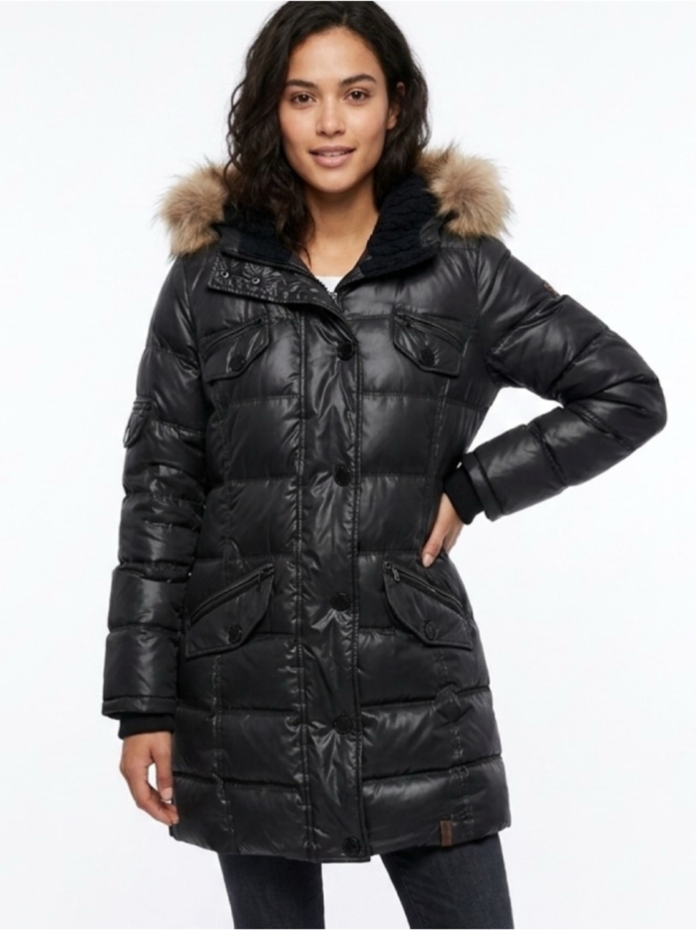 Women’s Rudsak Gloria Black Mid-Length Down Puffer Coat with Fur Hood - Size XL